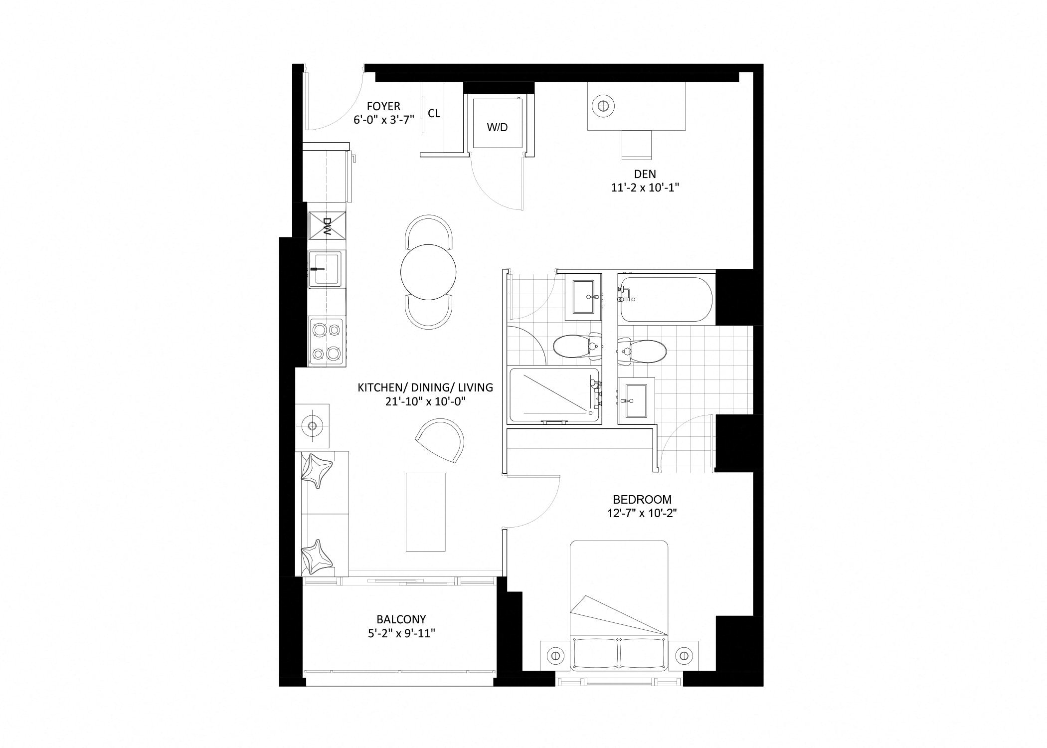 Floor plan for 1 bed, 2 baths, 720 sqft